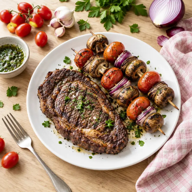 Ribeye Steak, Grape Tomato & Mushroom Kebabs, plated