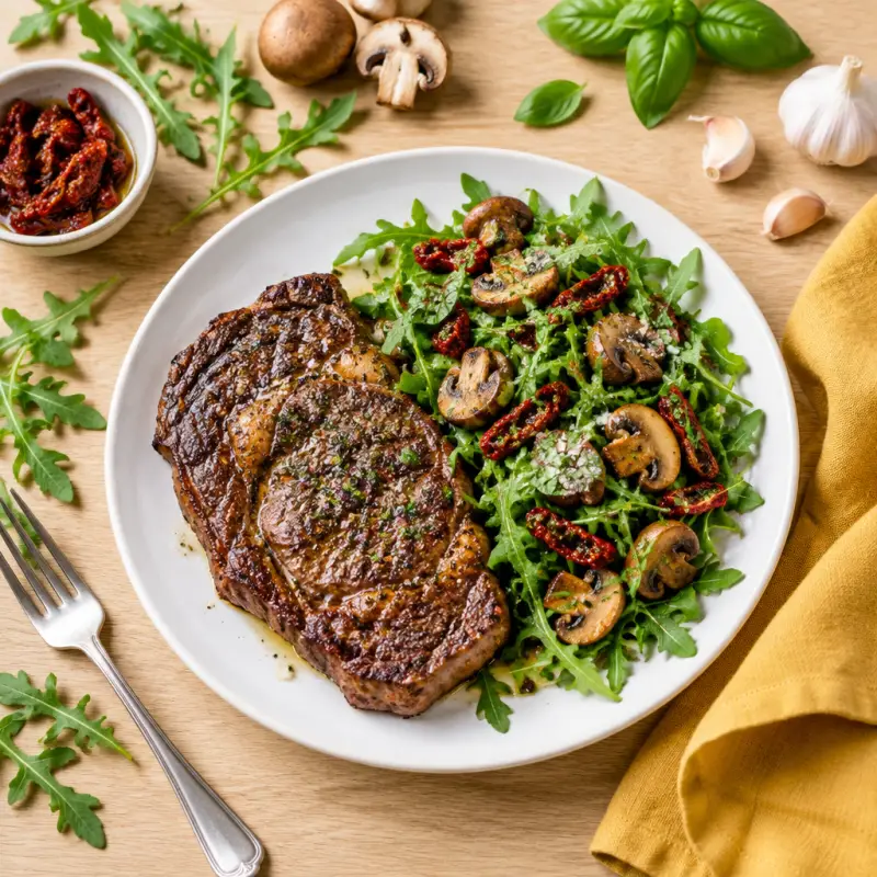 Ribeye Steak with Roasted Mushroom & Sun-Dried Tomato Arugula Salad, plated