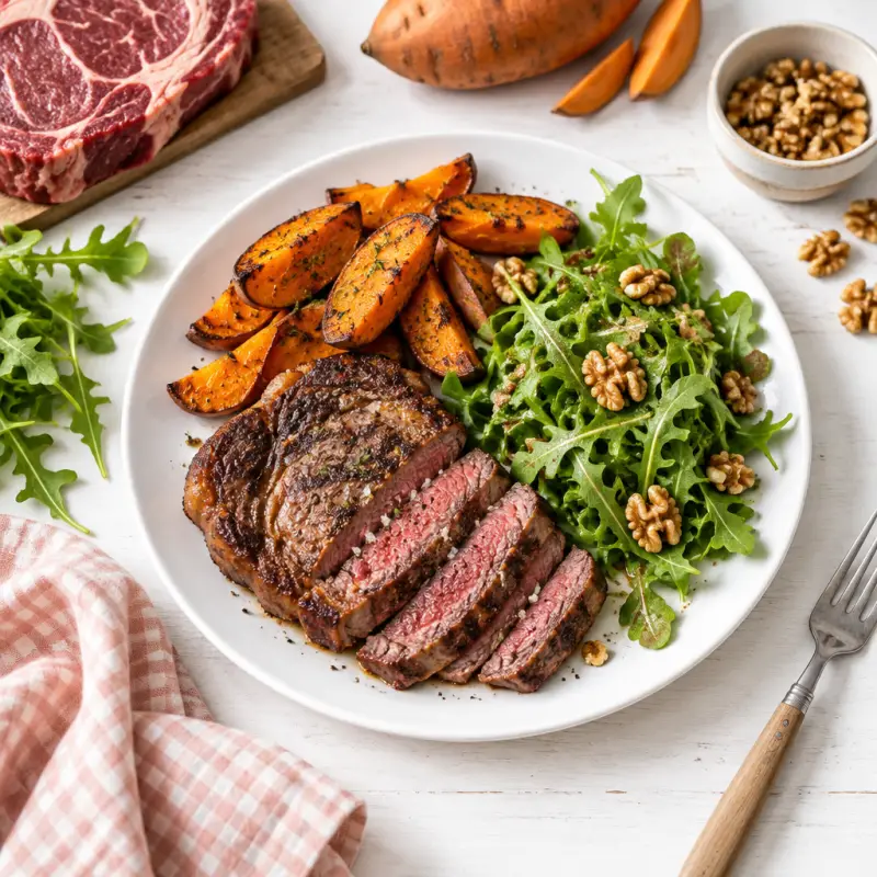 Ribeye Steak with Sweet Potato Wedges & Arugula-Walnut Salad, plated