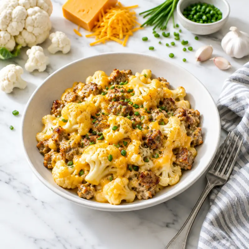 Rich Cauliflower Mac & Cheese with Sausage, plated