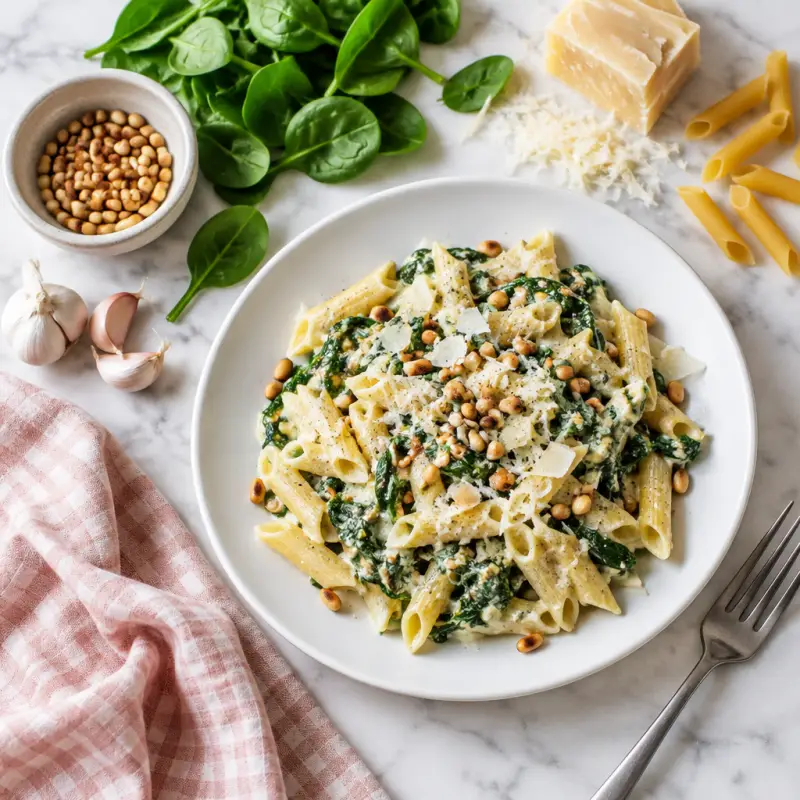 Ricotta & Spinach Pasta with Toasted Pine Nuts, plated