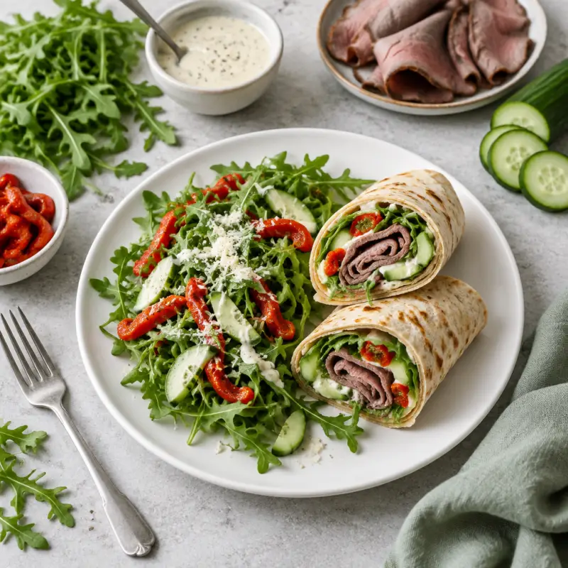 Roast Beef "Caesar" Wrap with Roasted Pepper-Arugula Salad & Parmesan, plated