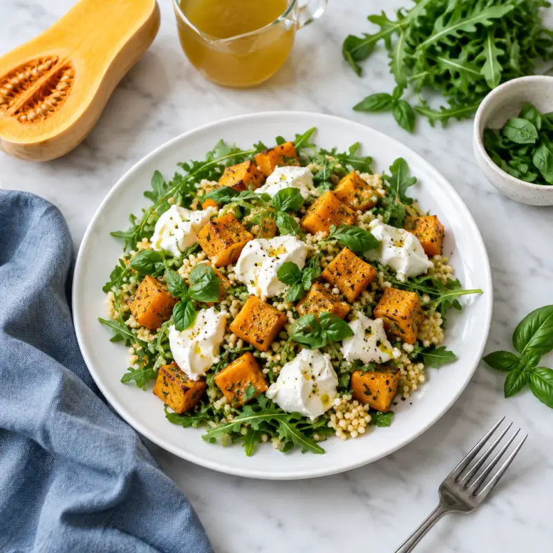 Roast Butternut Squash with Fresh Mozzarella & Couscous-Arugula Salad, plated