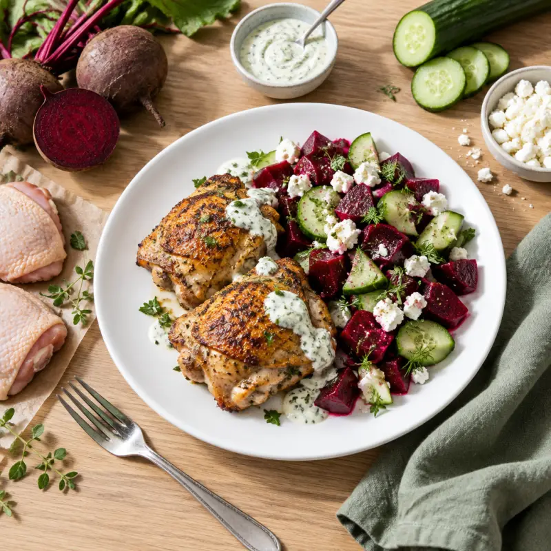 Roast Chicken Thighs with Oregano Aioli & Beet-Cucumber Salad, plated