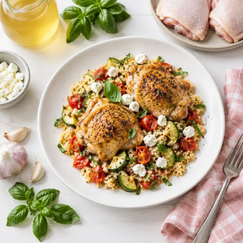 Roast Chicken Thighs with Tomato-Zucchini Couscous & Goat Cheese, plated