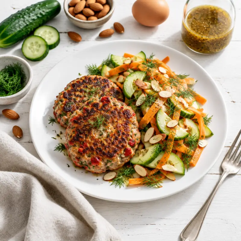 Roast Pepper-Pork Patties with Carrot, Cucumber, Almond & Dill Salad, plated