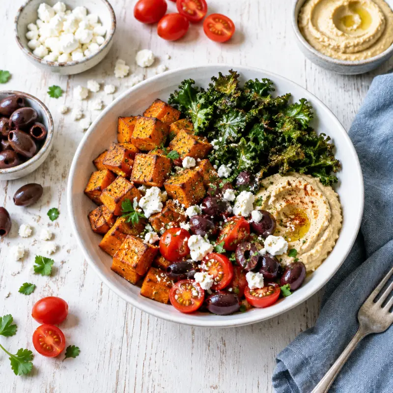 Roast Sweet Potato Bowl with Crispy Kale, Hummus, Olives & Feta, plated
