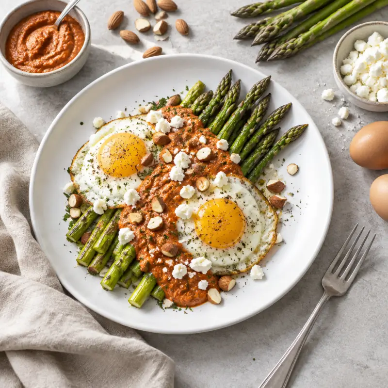 Roasted Asparagus with Fried Eggs & Homemade Romesco Sauce, plated
