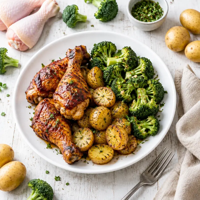Roasted BBQ Chicken Drumsticks & Potatoes with Sautéed Broccoli, plated