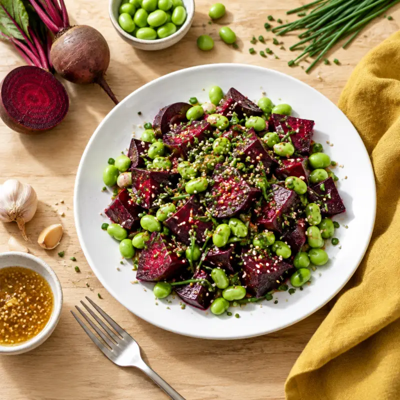 Roasted Beet & Edamame Salad with Sesame-Ginger Vinaigrette, plated