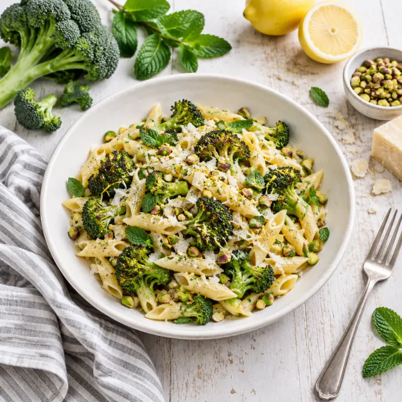Roasted Broccoli Pasta with Lemon, Mint, Pistachios & Parmesan, plated