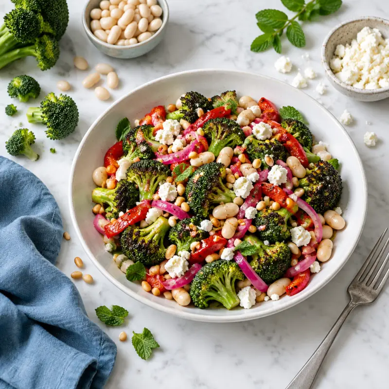 Roasted Broccoli Salad with Beans, Peppers, Pickled Onions & Pine Nuts, plated