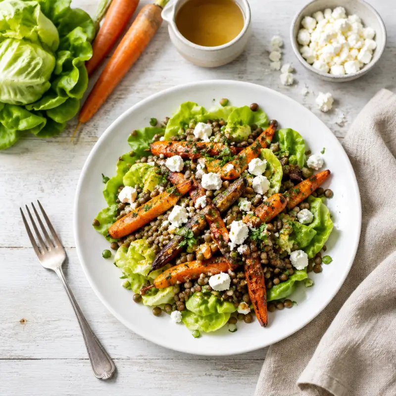 Roasted Carrot, Lentil & Feta Salad with Butter Lettuce, plated