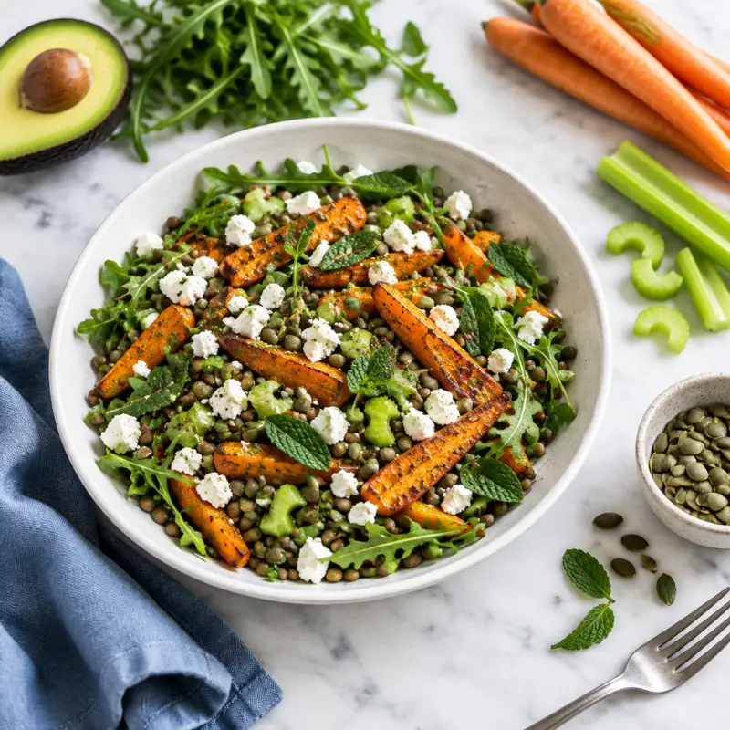 Roasted Carrot Salad with Lentils, Arugula, Pumpkin Seeds, Mint & Feta, plated