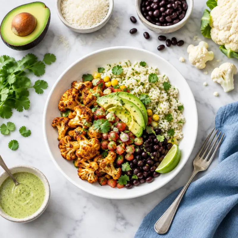 Roasted Cauliflower & Black Bean Burrito Bowl with Cilantro Lime Rice, plated