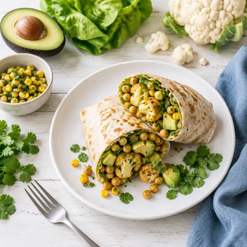 Roasted Cauliflower, Chickpea, Corn & Avocado Burrito with Cilantro, plated