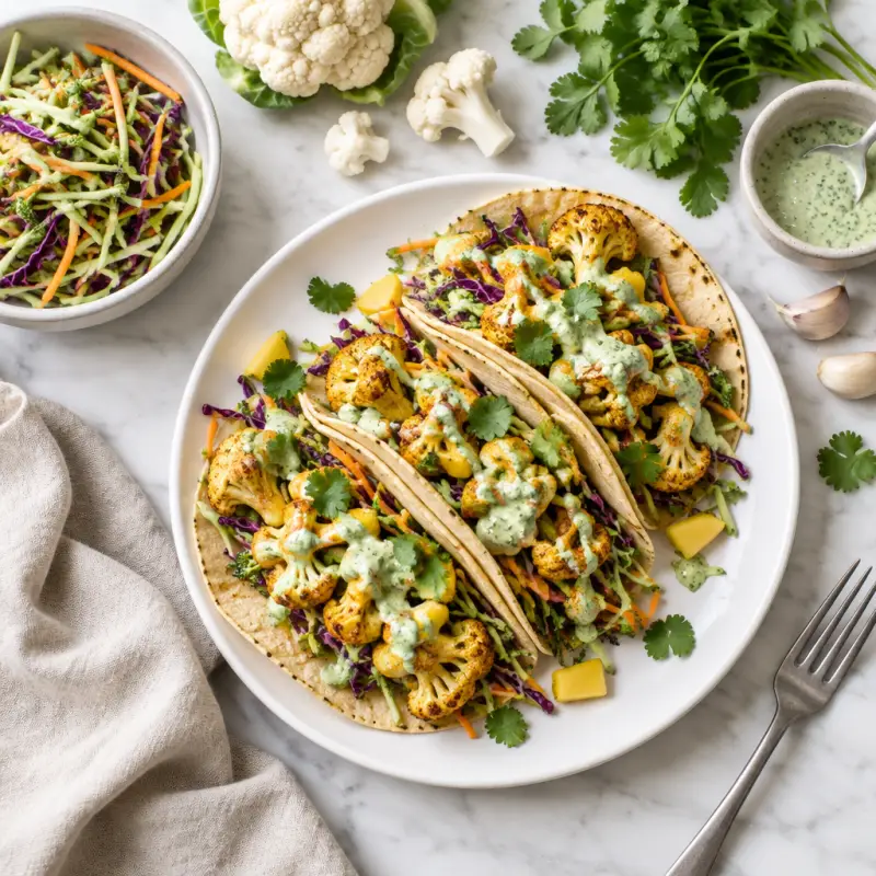 Roasted Cauliflower Tacos with Broccoli-Mango Slaw & Cilantro Sauce, plated