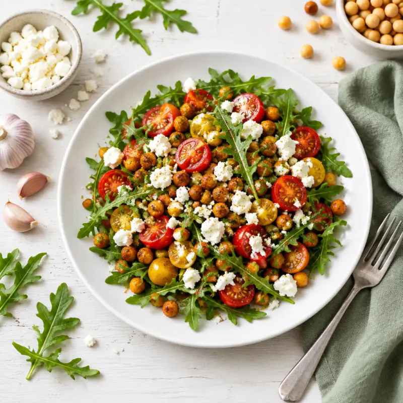 Roasted Chickpea & Tomato Salad with Arugula & Feta, plated