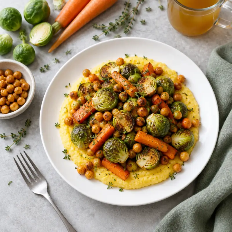 Roasted Chickpeas, Brussels Sprouts & Carrots with Polenta, plated