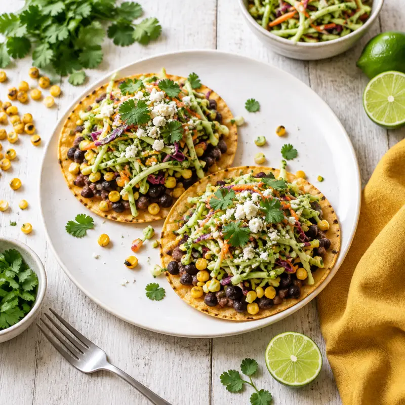 Roasted Corn & Bean Tostadas with Broccoli Slaw, plated