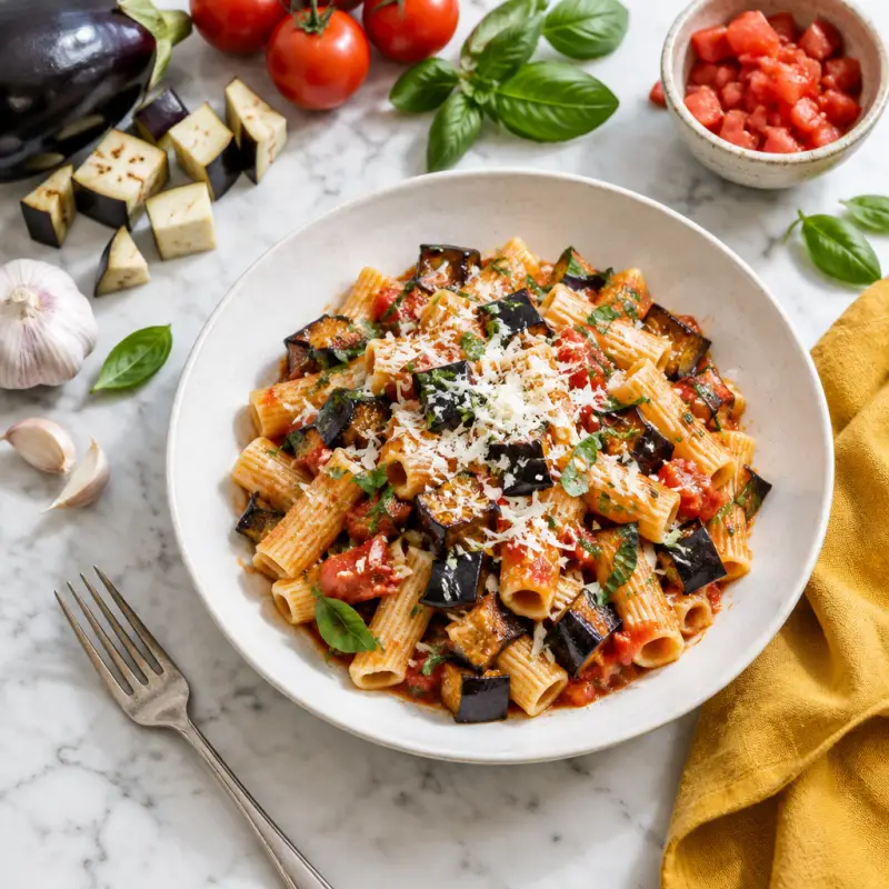 Roasted Eggplant Pasta Alla Norma, plated