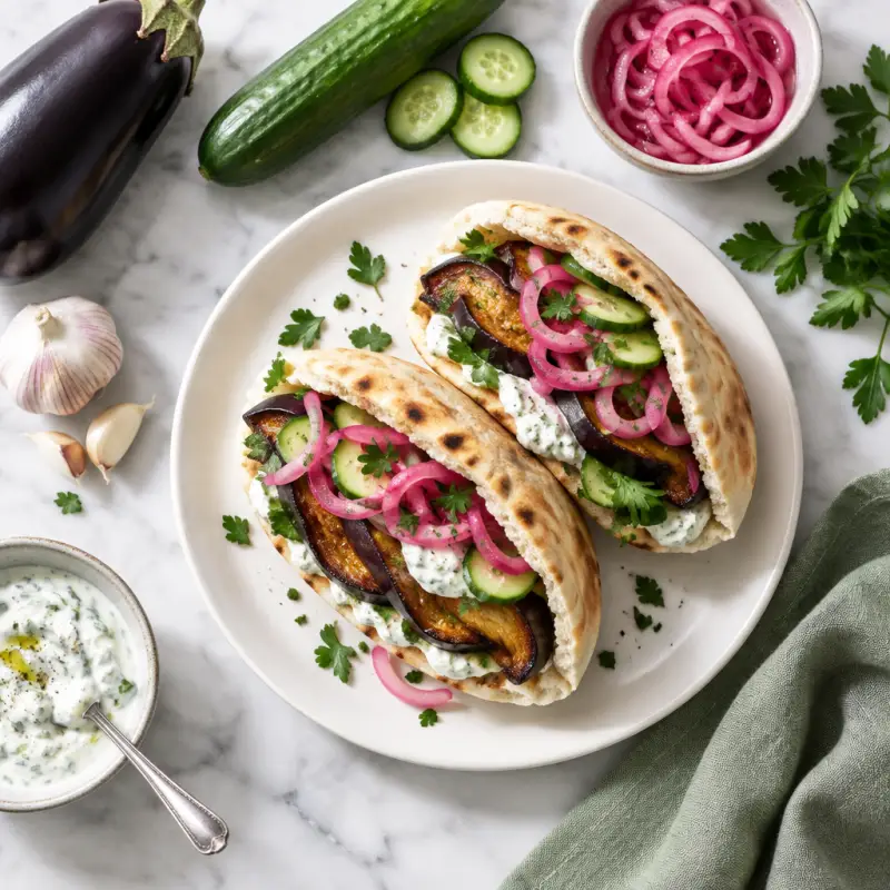 Roasted Eggplant Pitas with Tzatziki & Quick Pickled Onions, plated