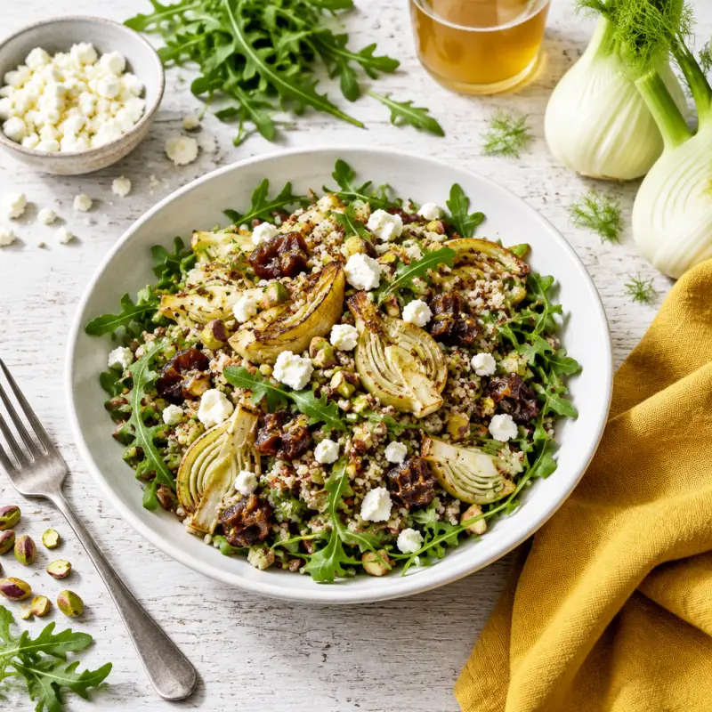 Roasted Fennel-Quinoa Salad with Arugula, Dates, Pistachios & Feta, plated