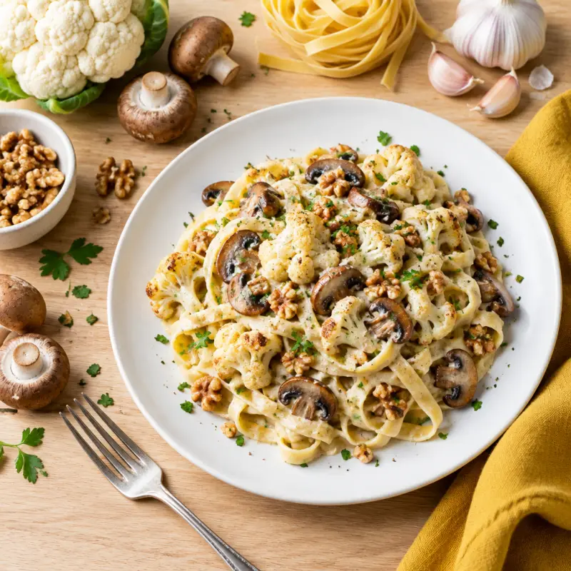 Roasted Garlic, Mushroom & Cauliflower Fettuccine with Walnuts, plated