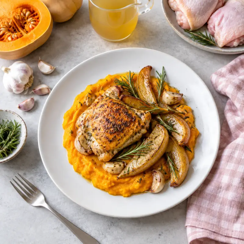 Roasted Garlic Rosemary Chicken & Pears with Butternut Squash Mash, plated