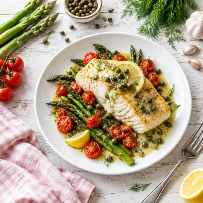 Roasted Halibut with Asparagus, Tomatoes & Lemon-Caper Dill Sauce, plated