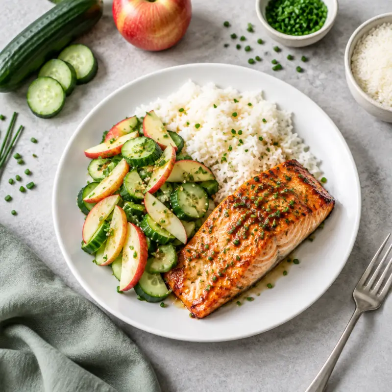 Roasted Miso Butter Salmon with Rice & Cucumber-Apple Salad, plated