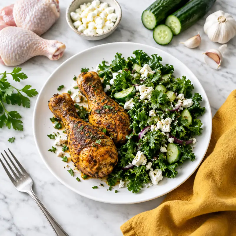 Roasted Moroccan-Spiced Drumsticks with Kale, Parsley & Feta Salad, plated