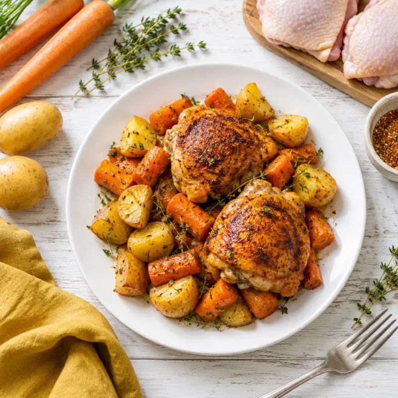 Roasted Paprika Chicken Thighs with Carrots & Potatoes, plated