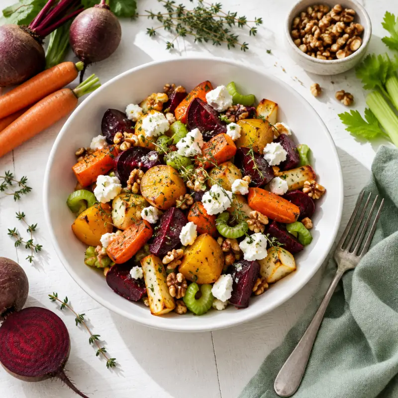 Roasted Root Vegetable Salad with Goat Cheese & Walnuts, plated