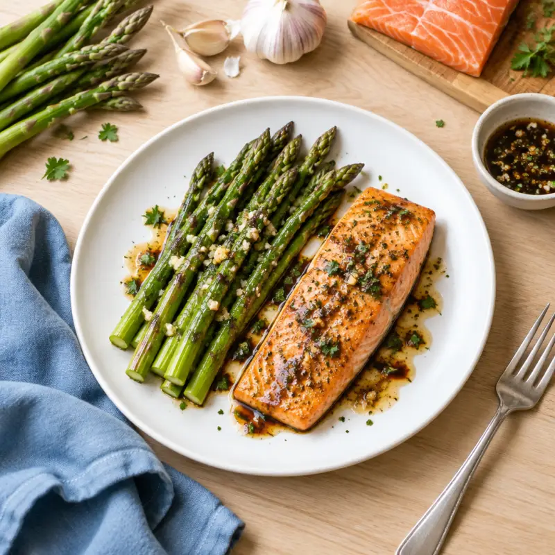 Roasted Salmon & Asparagus with Balsamic-Butter Sauce, plated