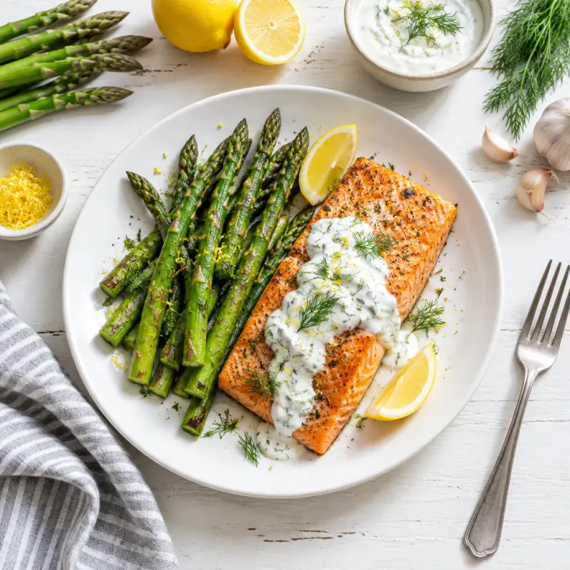 Roasted Salmon & Asparagus with Lemon-Dill Yogurt Sauce, plated