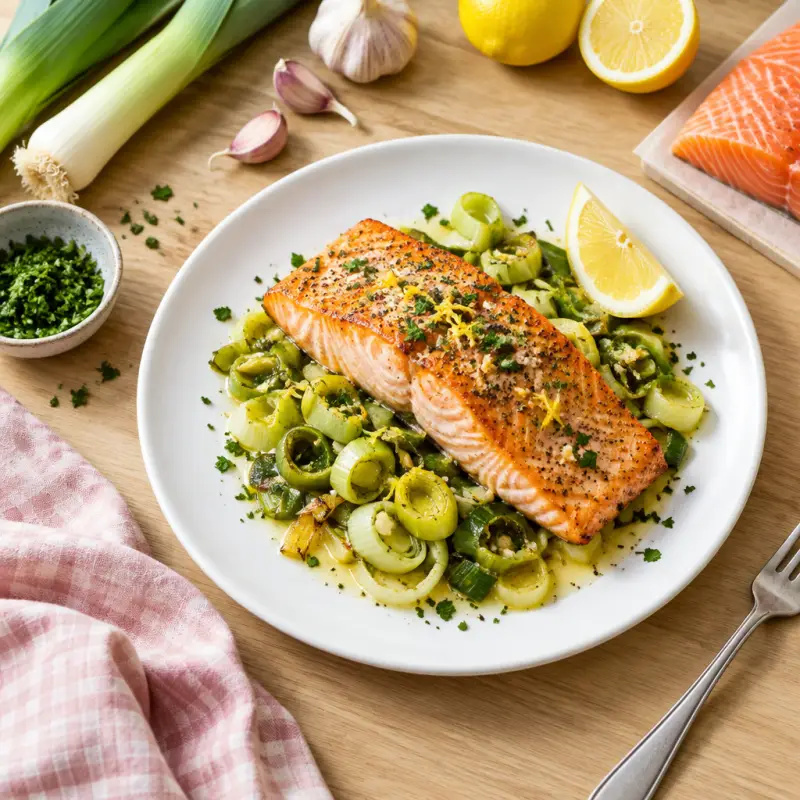 Roasted Salmon with Garlic Buttered Leeks, plated