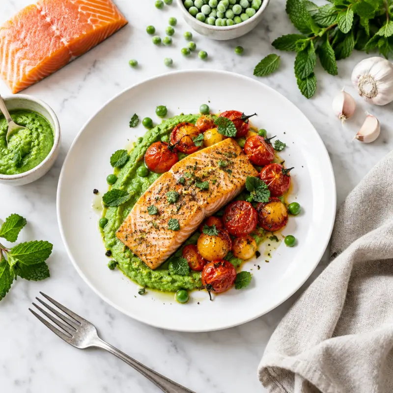 Roasted Salmon & Tomatoes with Minted Pea Puree, plated
