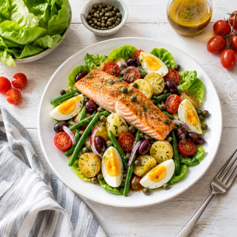 Roasted Sockeye Salmon, Potato & Green Bean "Salade Niçoise" with Eggs, plated