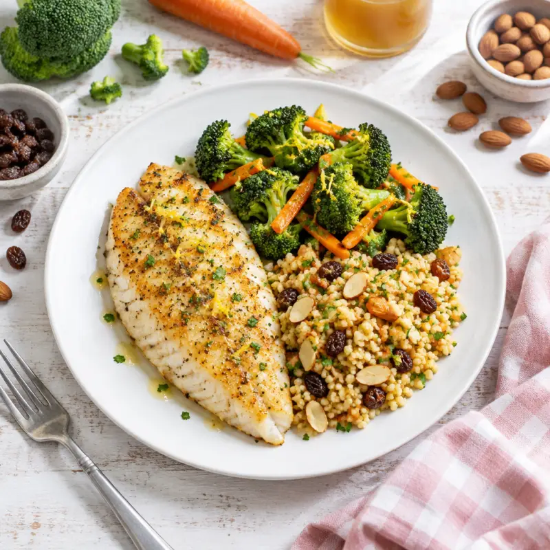 Roasted Sole with Honey Lemon Broccoli & Almond-Raisin Couscous Pilaf, plated