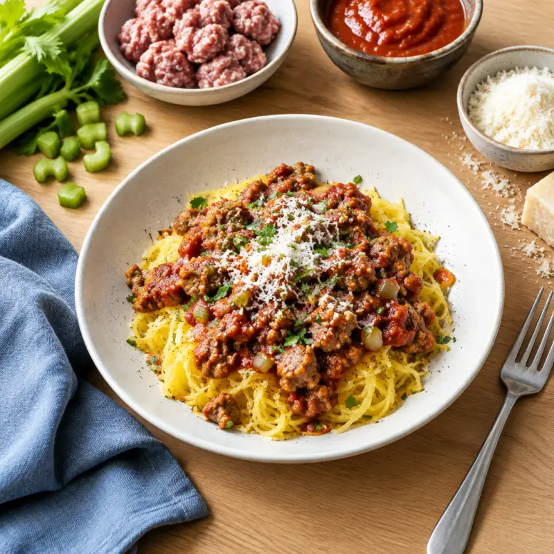 Roasted Spaghetti Squash with Pork Sausage Ragù & Parmesan, plated