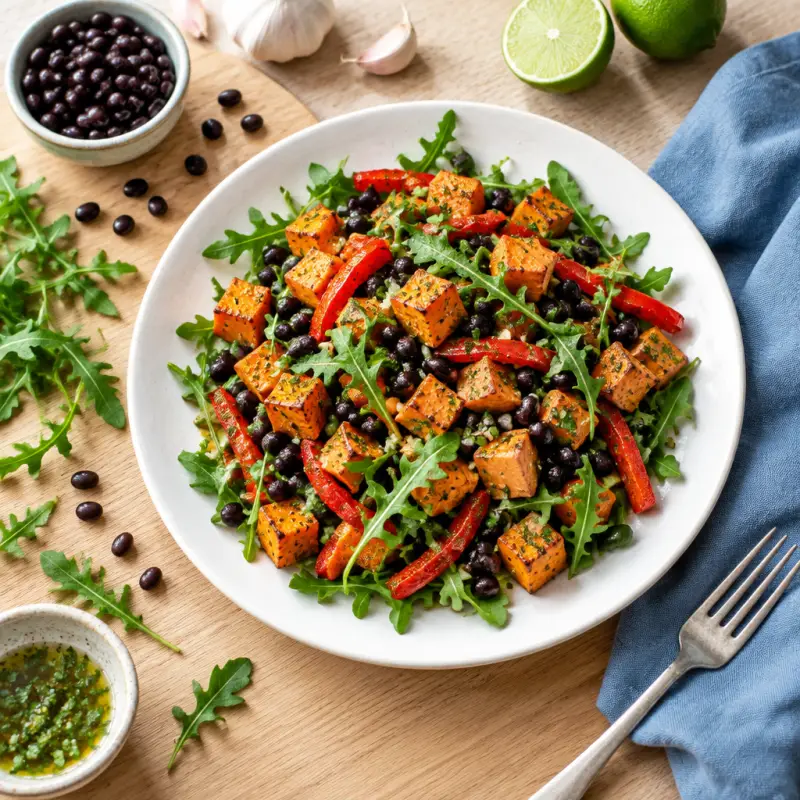 Roasted Sweet Potato & Black Bean Salad with Arugula & Bell Pepper, plated