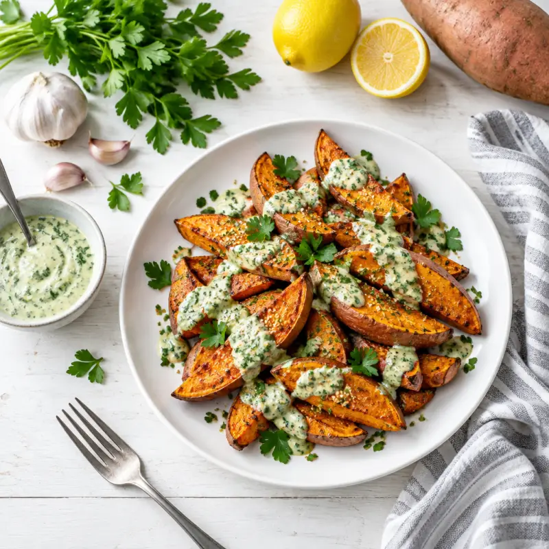 Roasted Sweet Potato Wedges with Garlicky Parsley-Tahini Sauce, plated
