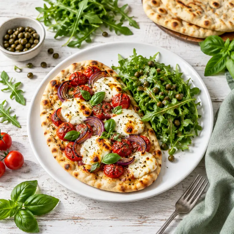 Roasted Tomato, Onion & Mozzarella Flatbread with Arugula-Caper Salad, plated