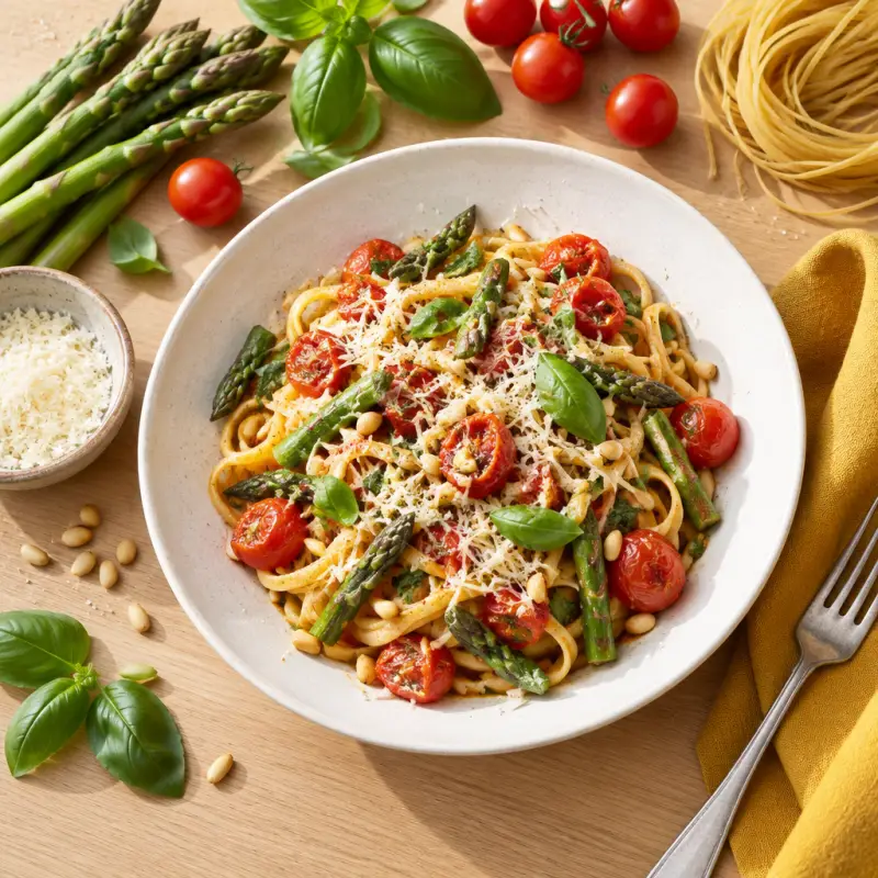 Roasted Tomato Pasta with Asparagus, Parmesan, Basil & Pine Nuts, plated