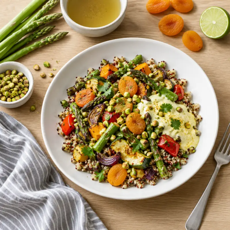 Roasted Veggie, Dried Fruit & Pistachio Quinoa Bowl with Curry Yogurt, plated