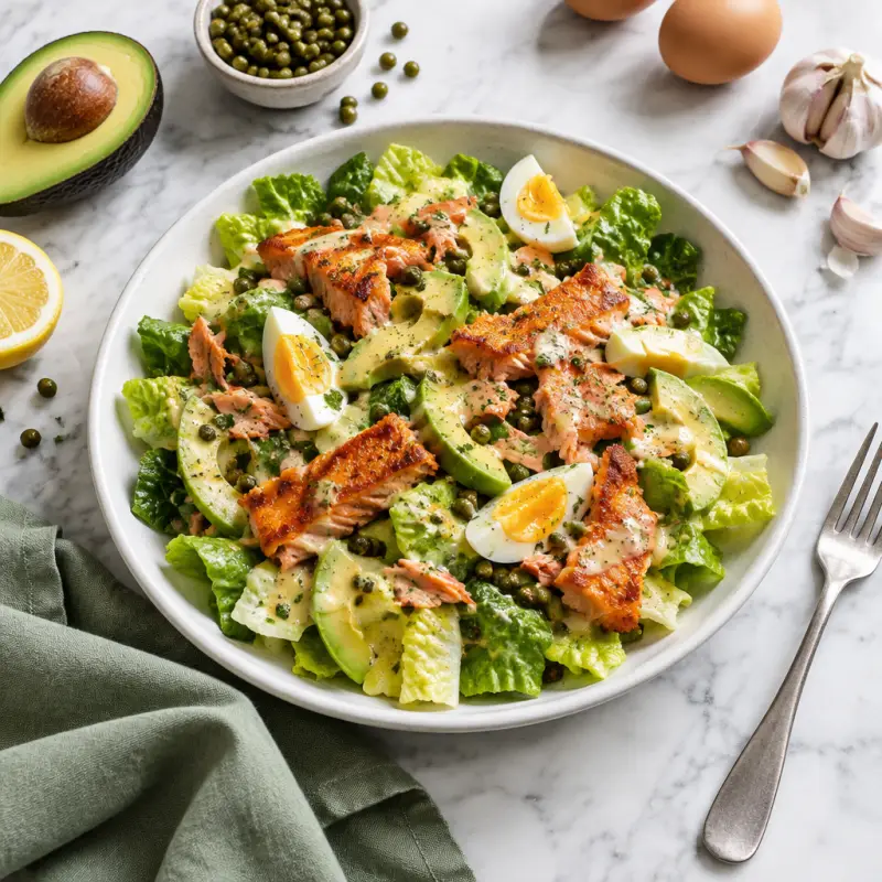 Romaine Salad with Crispy Smoked Salmon, Egg & Lemon-Caper Dressing, plated