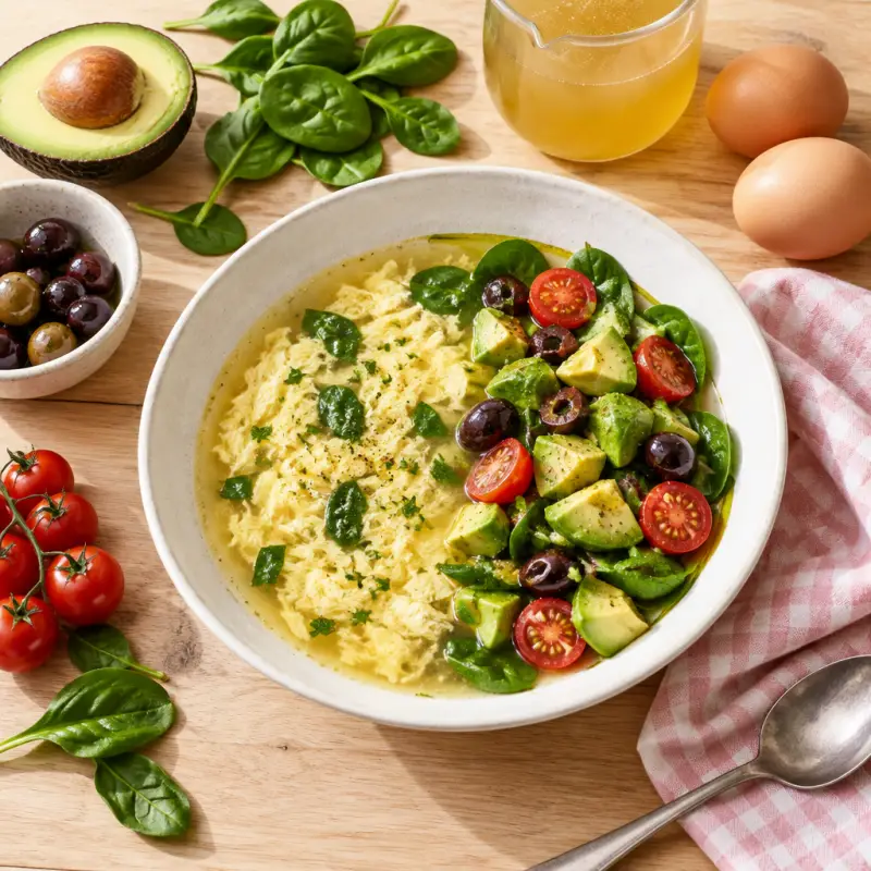 Roman Egg Drop Soup (Stracciatella) with Olive, Tomato & Avocado Salad, plated