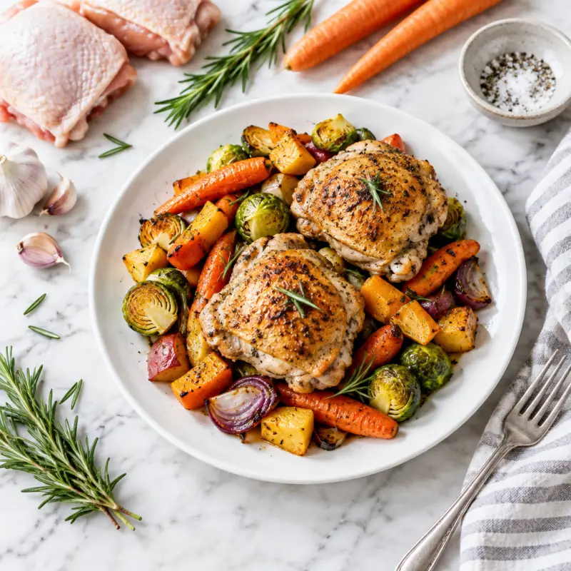Rosemary Chicken Thighs with Roasted Winter Vegetables, plated