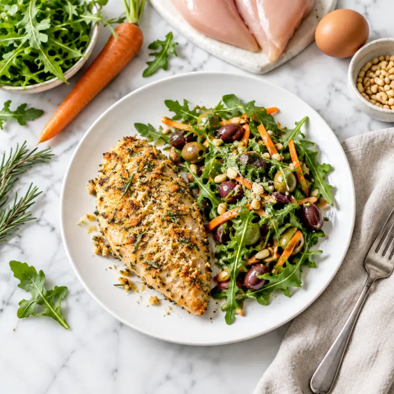 Rosemary-Parmesan Crusted Chicken with Olive, Pine Nut & Arugula Salad, plated